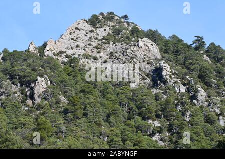 Formazioni geomorfologia di Els porte del Parco Naturale, un calcare massiccio montuoso al confine tra Aragona e Catalogna Foto Stock