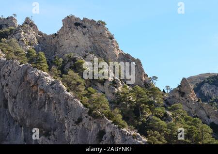 Formazioni geomorfologia di Els porte del Parco Naturale, un calcare massiccio montuoso al confine tra Aragona e Catalogna Foto Stock