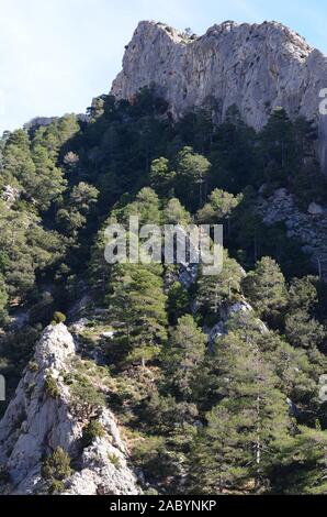 Formazioni geomorfologia di Els porte del Parco Naturale, un calcare massiccio montuoso al confine tra Aragona e Catalogna Foto Stock