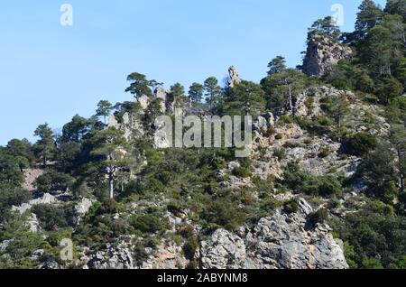 Formazioni geomorfologia di Els porte del Parco Naturale, un calcare massiccio montuoso al confine tra Aragona e Catalogna Foto Stock