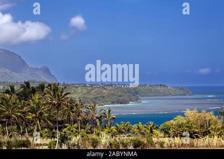 Soleggiato e Vista nebbiosa della costa hawaiana sull isola di Kauai, guardando sopra Princeville, oceano Montagna. Le palme in primo piano, un paio di nuvole. Foto Stock