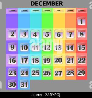 Calendario colorate per dicembre 2020 in inglese. Set di pulsanti con le date del calendario per il mese di dicembre. Per la pianificazione di importanti giorni. Banner per Foto Stock