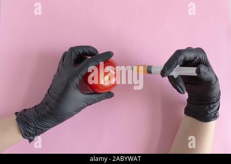 Trasformazione chimica delle verdure, concimi e gli OGM. La mano della persona che inietta sostanze chimiche nel pomodoro, OGM fertilizzanti e prodotti chimici con una siringa a Foto Stock