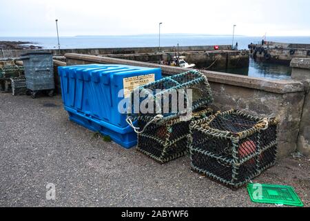 Lobster cantre linea il percorso del porto di John O'semole con il Orcadian isola di stroma a distanza attraverso il Pentland Firth Foto Stock