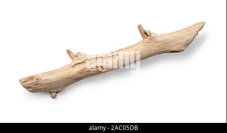 Driftwood/ legno invecchiato su sfondo bianco. Pezzo isolato di driftwood stick top view close up. Foto Stock