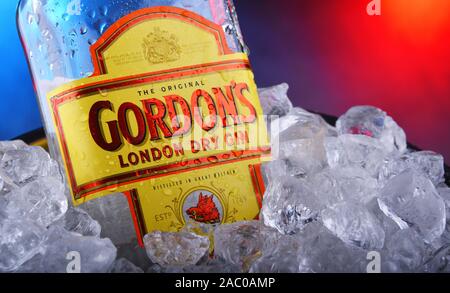 POZNAN, POL - Nov 21, 2019: Bottiglia di Gordon's London dry, una marca di migliori del mondo la vendita di London dry gin. È di proprietà della British spiriti comp Foto Stock