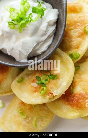 Deliziosa e autentica pierogies polacco con un trito di cipolla verde e panna acida Foto Stock