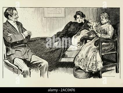 Una vedova e i suoi amici, Charles Dana Gibson. Miss Babbles, la scrittrice, chiamate e legge ad alta voce Foto Stock