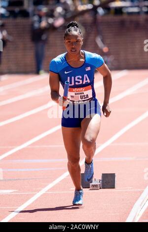 Aaliyah marrone (USA) in concorrenza USA vs il mondo le donne 4x100m a 2019 Penn relè . Foto Stock