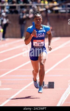 Aaliyah marrone (USA) in concorrenza USA vs il mondo le donne 4x100m a 2019 Penn relè . Foto Stock