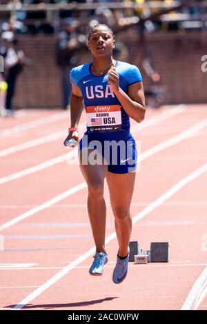 Aaliyah marrone (USA) in concorrenza USA vs il mondo le donne 4x100m a 2019 Penn relè . Foto Stock