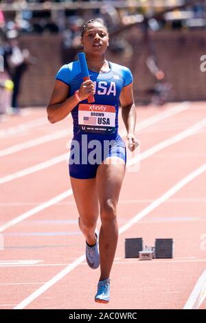 Aaliyah marrone (USA) in concorrenza USA vs il mondo le donne 4x100m a 2019 Penn relè . Foto Stock