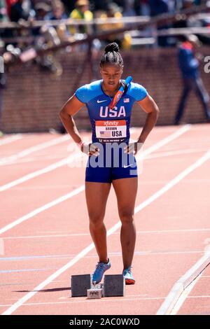 Aaliyah marrone (USA) in concorrenza USA vs il mondo le donne 4x100m a 2019 Penn relè . Foto Stock