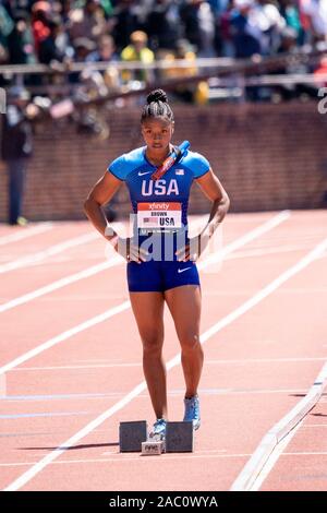 Aaliyah marrone (USA) in concorrenza USA vs il mondo le donne 4x100m a 2019 Penn relè . Foto Stock