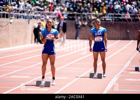 Dezerea Bryant e Aaliyah marrone (USA) in concorrenza USA vs il mondo le donne 4x100m a 2019 Penn relè . Foto Stock