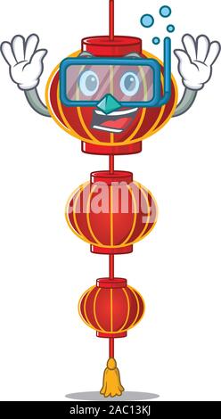 Sorridente lampion lanterna cinese cartoon character style indossando occhiali da immersione Illustrazione Vettoriale