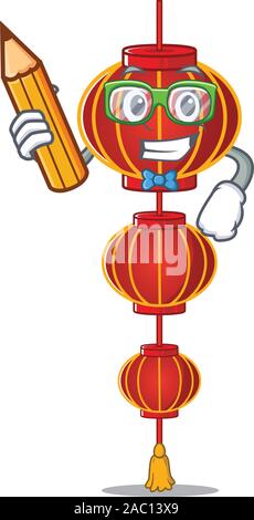 Cool smart studente lampion lanterna cinese carattere matita di contenimento Illustrazione Vettoriale