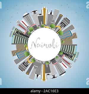 Nairobi Kenya skyline della città con edifici di colore, il blu del cielo e spazio di copia. Illustrazione Vettoriale. Viaggi di lavoro e di concetto con architettura moderna. Illustrazione Vettoriale