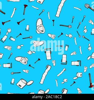 Seamless pattern del vaso di WC, plugner, carta igienica, benna e spazzola per WC icone isolato su sfondo blu. Vector pattern senza soluzione di continuità con la mano Illustrazione Vettoriale