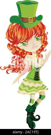 Cartoon carino leprechaun sorridente ragazza con red capelli ricci. Illustrazione Vettoriale