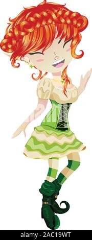 Cartoon carino leprechaun sorridente ragazza con red capelli ricci. Illustrazione Vettoriale