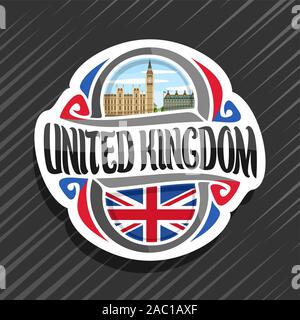 Il logo del vettore per il Regno Unito, frigo magnete con Union Jack Flag di stato, spazzola originale carattere tipografico per la parola Regno Unito, simbolo nazionale di grande Br Illustrazione Vettoriale