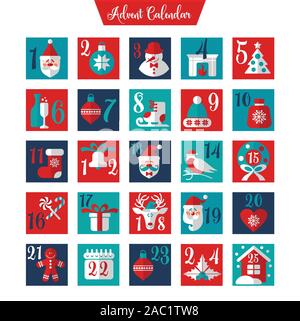 Natale calendario dell'Avvento o poster. Vacanze invernali gli elementi di design. Calendario per il conto alla rovescia. Illustrazione Vettoriale