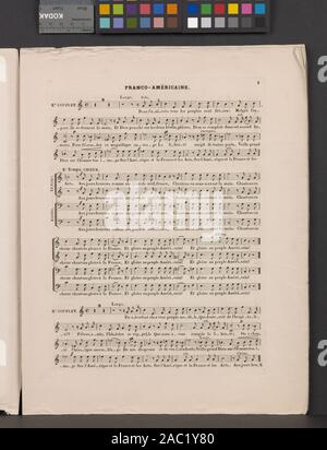 Franco-américaine - chant patriotique ammissione è concesso mediante applicazione per l'Ufficio di collezioni speciali. Il foglio di copertura di musica e disegno preliminare raffiguranti figure allegoriche di America e Francia di unire le vostre mani. Accompagnata da 7 pagine di musica del foglio con le parole dal sig. A. Lalanne & musica di Mlle. L. Lalanne. Gli strumenti di ricerca disponibili. Fa parte di Samuel Putnam Avery collezione. Dono di Samuel Putnam Avery, 1900. S.P. Avery CollectionFranco-américaine : chant patriotique. Foto Stock