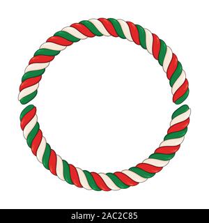 Candy Cane telaio circolare isolati su sfondo bianco. Swirl hard candy bordo rotondo con spazio di copia Illustrazione Vettoriale