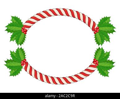 Bordo di Natale con la caramella di canna e Holly foglie. Candy Cane fotogramma vuoto con agrifoglio bacche. Isolato su sfondo bianco. Holiday design, l'arredamento. Vec Illustrazione Vettoriale