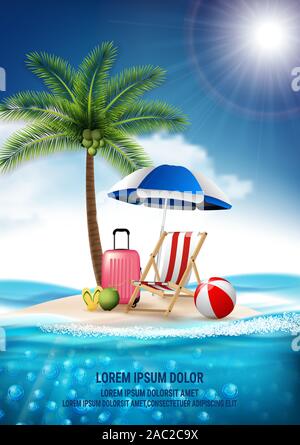 Vettore di viaggio realistici e estate spiaggia per vacanze di relax poster design. Isola è circondata, mare, spiaggia, ombrellone, noce di cocco, nuvole, sfera, bagagli, Bea Illustrazione Vettoriale
