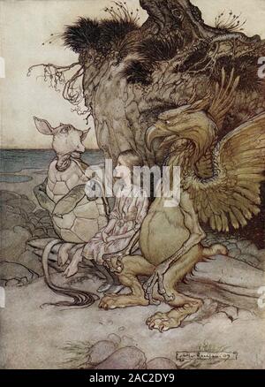 Arthur Rackham dell'illustrazione per l'edizione 1907 di Lewis Carroll Alice nel Paese delle Meraviglie - "Il Mock Turtle ha attirato un lunghissimo respiro e detto, 'molto curioso'' Foto Stock