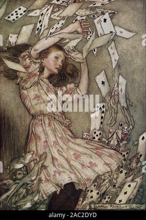 Arthur Rackham dell'illustrazione per l'edizione 1907 di Lewis Carroll Alice nel Paese delle Meraviglie - "a questo tutto il pack si alzò in aria e venuto flying down su di lei" Foto Stock