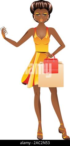 Moda African American Girl con borse per lo shopping e il telefono cellulare. Illustrazione Vettoriale