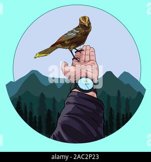 Gli uccelli si appollaia nelle mani di esseri umani nella foresta naturale Illustrazione Vettore sulla pop art lo stile comico natura sfondo colorato Illustrazione Vettoriale