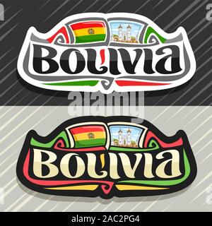 Il logo del vettore per la Bolivia paese, frigo magnete con bandiera boliviana, spazzola originale carattere tipografico per parola bolivia e nazionale simbolo boliviana - chiesa di S Illustrazione Vettoriale