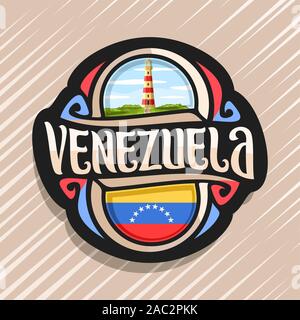 Il logo del vettore per il Venezuela paese, frigo magnete con bandiera venezuelana, spazzola originale carattere tipografico per word venezuela e nazionale simbolo venezuelano - Lig Illustrazione Vettoriale