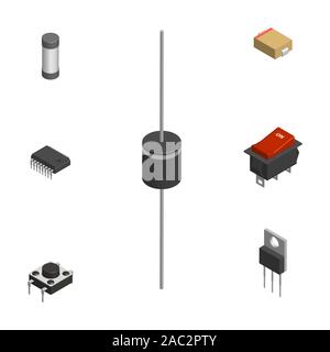 Insieme di diversi componenti elettronici attivi e passivi isolati su sfondo bianco. Resistore, condensatore, diodo, microcircuito, il fusibile e il pulsante. 3D Illustrazione Vettoriale