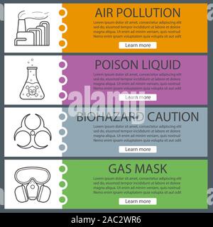 Inquinamento industriale Modelli delle pagine di intestazione. Facile da modificare. Fabbrica di fumo, veleno liquido, simbolo di rischio biologico, maschera a gas. Sito web di voci di menu. Web a colori Illustrazione Vettoriale