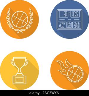 Campionato di pallacanestro lineare piana lunga ombra set di icone. Sfera in corona di alloro, scoreboard, vincitore del trofeo in oro, bruciando la sfera. Linea del vettore illustrati Illustrazione Vettoriale