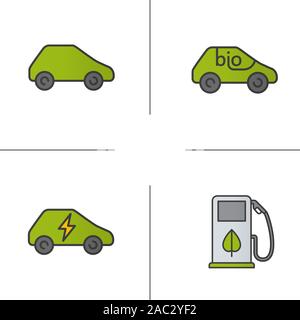 Eco Friendly vetture le icone a colori set. Verde, bio, i veicoli elettrici, eco concetto di carburante. Isolato illustrazioni vettoriali Illustrazione Vettoriale