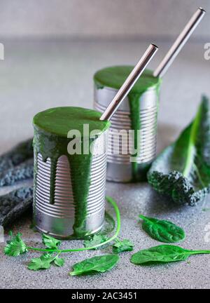 Cavoli da sani e gli spinaci frullati servita nel riutilizzare i barattoli di metallo con acciaio inossidabile di bere cannucce Foto Stock