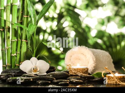 Grean foglie di bambù, white orchid flower, asciugamano e candele su nero pietre zen sulle foglie tropicali sfondo Foto Stock