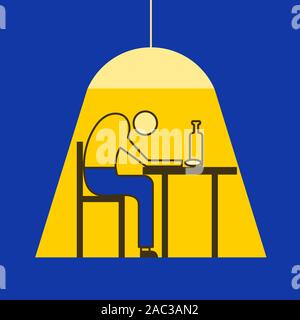 Bevande alcoliche uomo seduto con bottiglia a tavola, uomo in depressione, ubriaco, illustrazione vettoriale Illustrazione Vettoriale