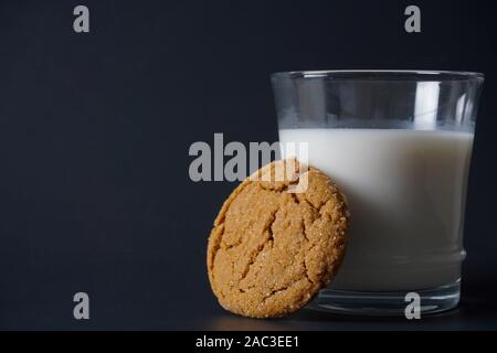 Close-up immagine di un cookie di panpepato appoggiato un fresco bicchiere di latte con copia spazio sulla sinistra Foto Stock