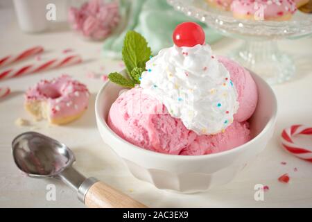 Fotografia di cibo di 50's diner style ciotola di menta piperita gelato, caramelle e bomboloni Foto Stock