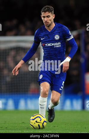 Londra, Regno Unito. 30 Novembre, 2019. Jorginho del Chelsea in azione. Premier league, Chelsea V West Ham Utd a Stadio Stamford Bridge a Chelsea, Londra sabato 30 novembre 2019. Questa immagine può essere utilizzata solo per scopi editoriali. Solo uso editoriale, è richiesta una licenza per uso commerciale. Nessun uso in scommesse, giochi o un singolo giocatore/club/league pubblicazioni. pic da Steffan Bowen/Andrew Orchard fotografia sportiva/Alamy Live news Credito: Andrew Orchard fotografia sportiva/Alamy Live News Foto Stock