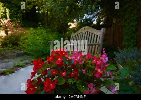 In legno panchina da giardino con fiori in primo piano Foto Stock