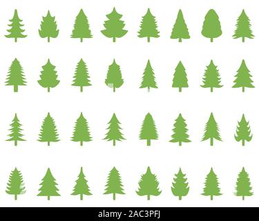 Set di alberi di Natale verdi su sfondo bianco Foto Stock