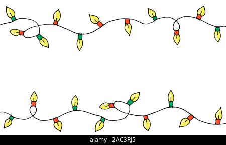 Colorati disegnati a mano doodle le luci di Natale. Cartoon ghirlanda orizzontale, i confini delle lampadine. Nuovo anno gli elementi di design. Vector seamless pattern con festoni di vacanza. Illustrazione Vettoriale
